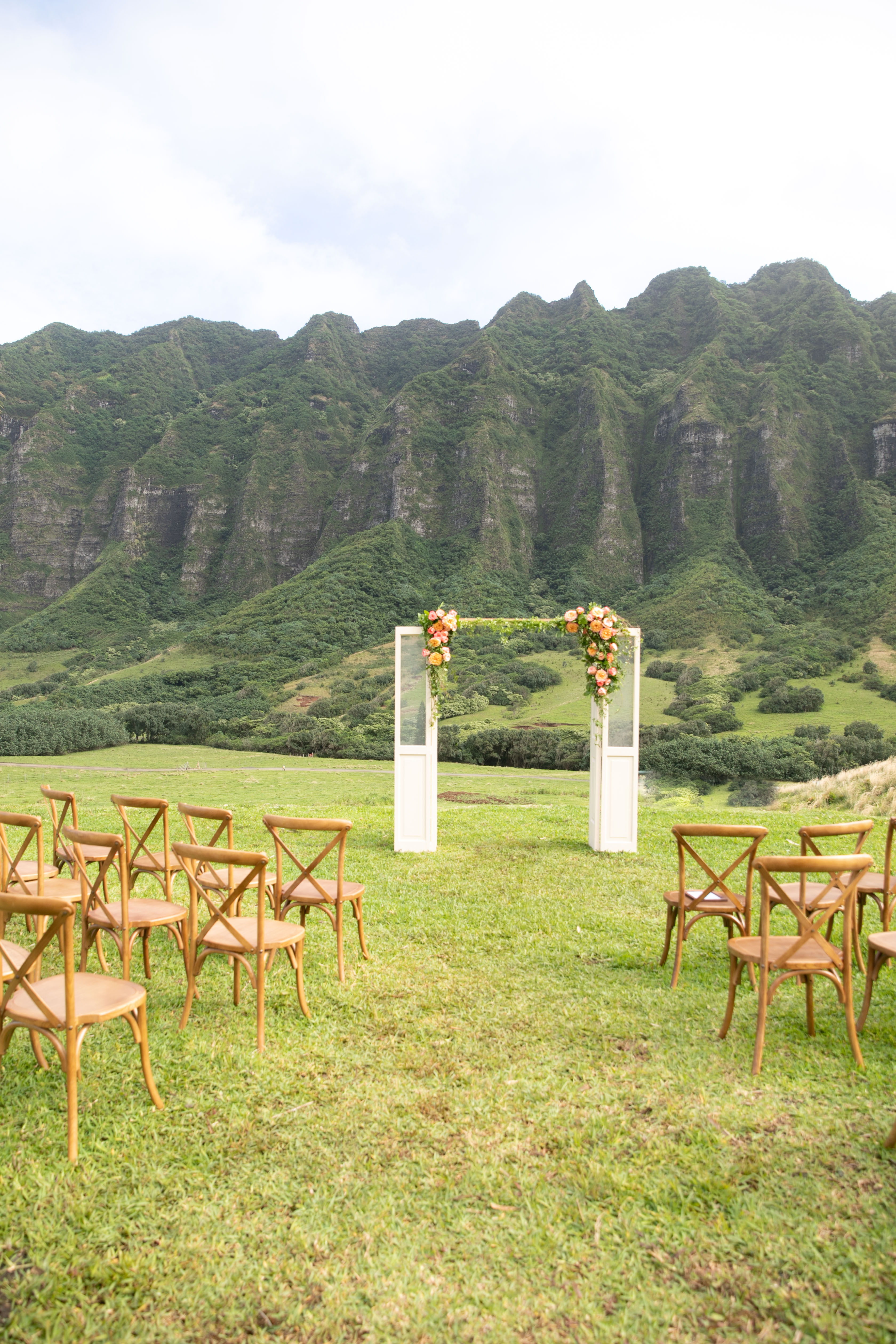 jumanji Kualoa wedding venue arch door with flowers
