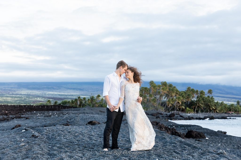 bride and groom gaze at each other at Waikoloa