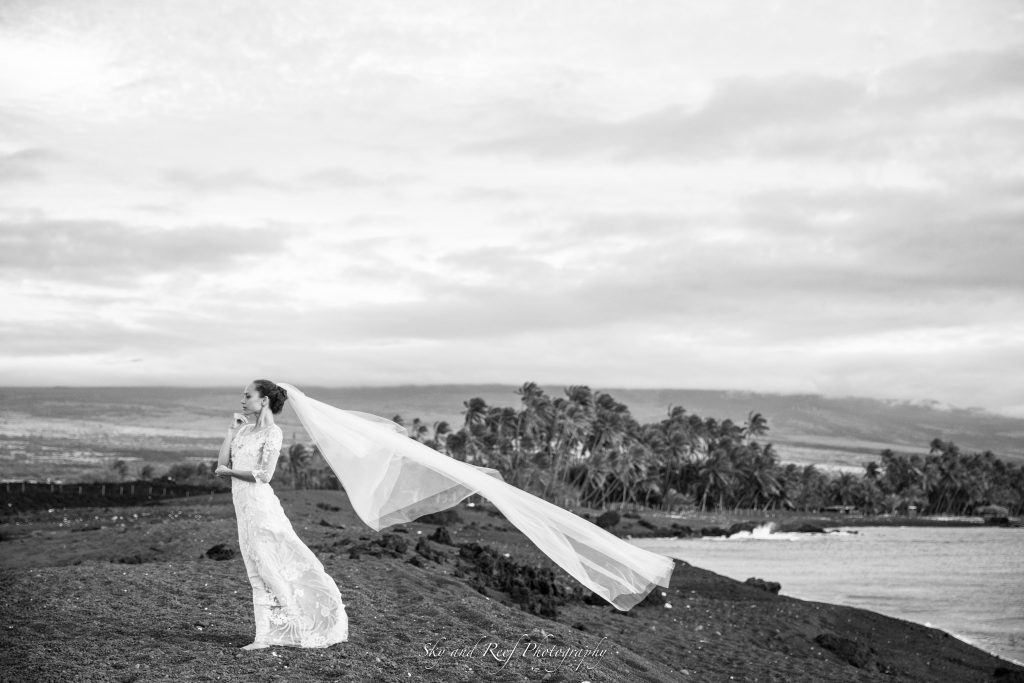 black and white dramatic shot on beach bride