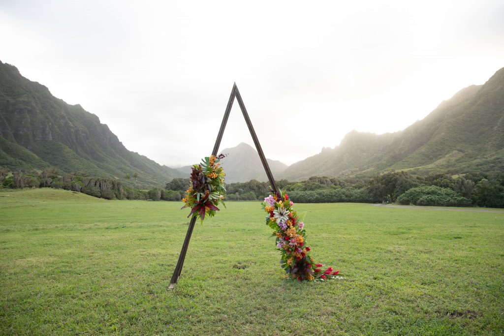 wedding arch inspiration with florals at Kualoa Ranch