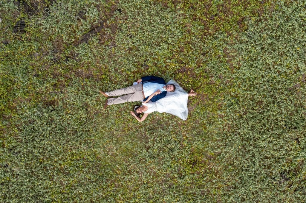 drone shot of bride and groom